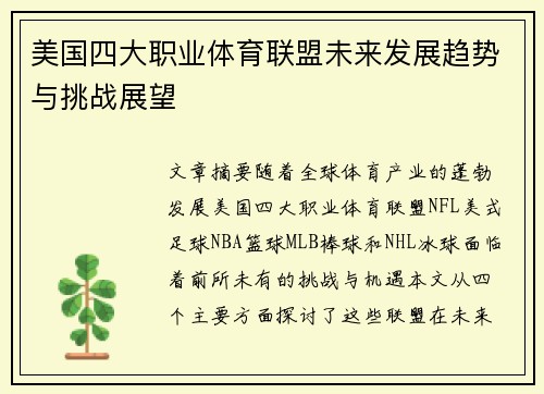 美国四大职业体育联盟未来发展趋势与挑战展望